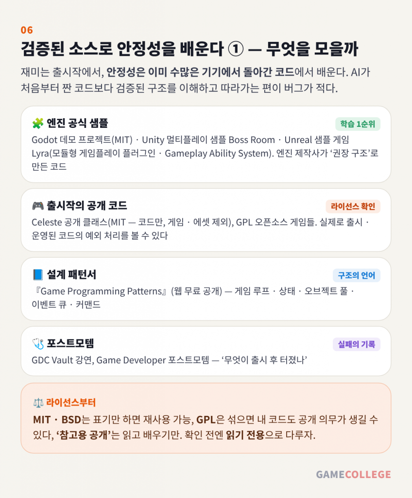 안정성을 배울 소스 네 종류 — 엔진 공식 샘플, 출시작 공개 코드, 설계 패턴서, 포스트모템